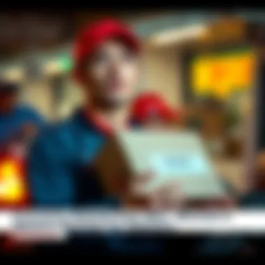 A male delivery driver holding a package with a woman's name on it, looking concerned.