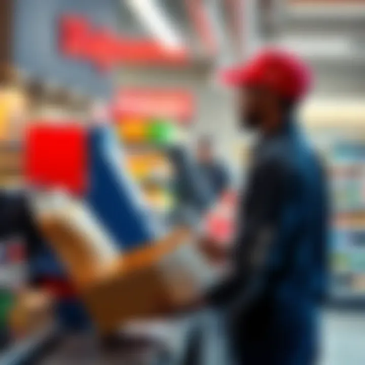 Delivery driver picking up an order at Walgreens A delivery driver collecting a shopping order from the checkout counter inside Walgreens store