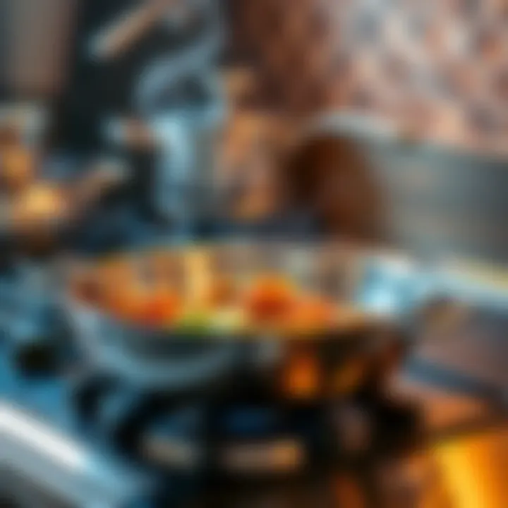 A shiny 11-inch Demeyere stainless steel pan on a stovetop with a delicious dish cooking inside, steam rising.