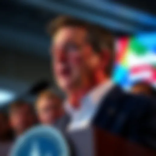 A prominent Democrat speaks at a podium about upcoming cryptocurrency regulations, with supporters in the background, highlighting the political debate on digital currencies.