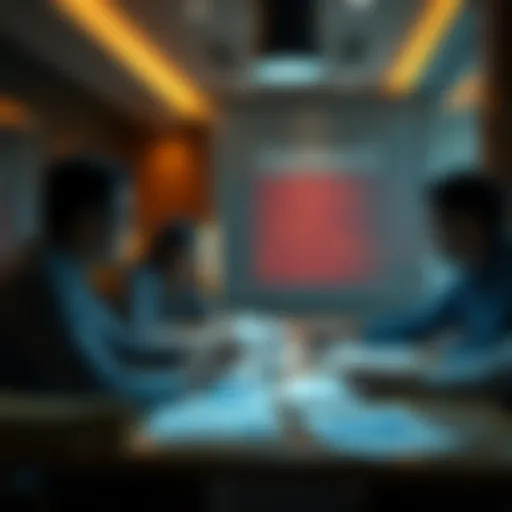 A group of people in a meeting discussing future options for a project, with documents and charts on the table.