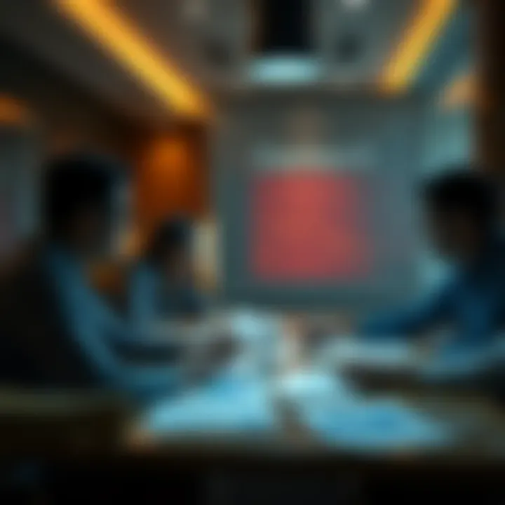 A group of people in a meeting discussing future options for a project, with documents and charts on the table.
