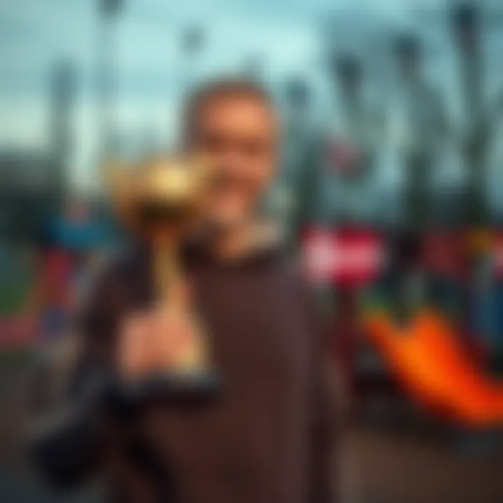 A man in Denmark smiles as he holds a trophy symbolizing his x2 boost achievement, with a playground in the background for his son.