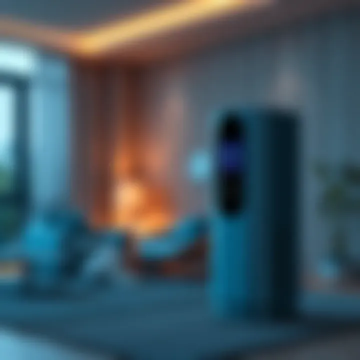 A modern DePIN air purifier placed in a living room, showcasing clean air and a digital display of rewards earned.