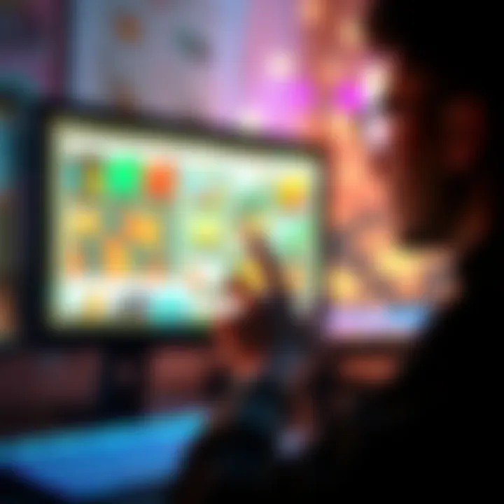 A designer looking at a computer screen displaying digital art and NFT listings on ArtStation.