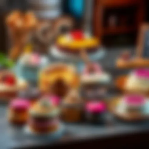 An assortment of colorful desserts including cakes, donuts, and pastries displayed on a table