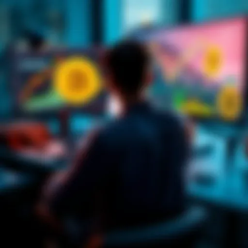A developer sitting at a desk, looking at a computer screen showing Bitcoin charts and graphs, representing their investment journey since 2011.