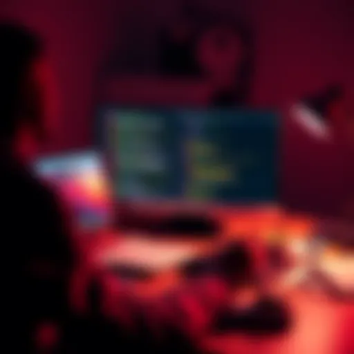 A developer working on creating a custom content management system at their desk, with code on their screen and notes scattered around.