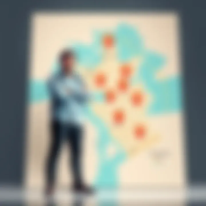 A developer stands confidently beside a large map showing multiple parcels, showcasing his success over a mayoral competitor.