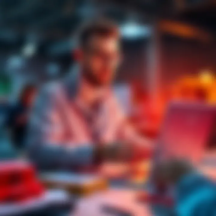 A developer showcases their hackathon project on a laptop, surrounded by notes and coding materials, in an energetic environment.