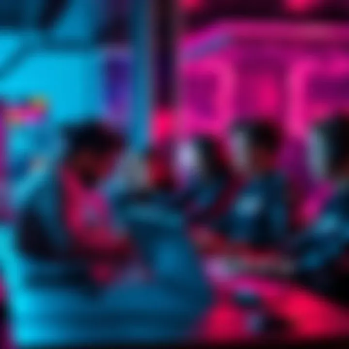 A group of developers collaborating during a hackathon, showcasing coding on laptops and brainstorming ideas