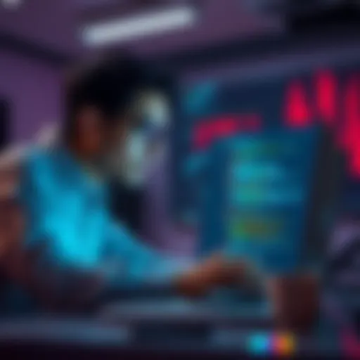 A developer working on a laptop, looking frustrated with code errors on the screen related to contract uploads and endpoint issues.