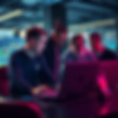 A group of software developers analyzing cryptocurrency trends on laptops in a modern workspace.