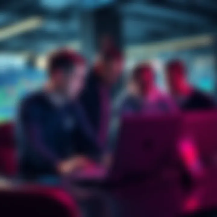 A group of software developers analyzing cryptocurrency trends on laptops in a modern workspace.