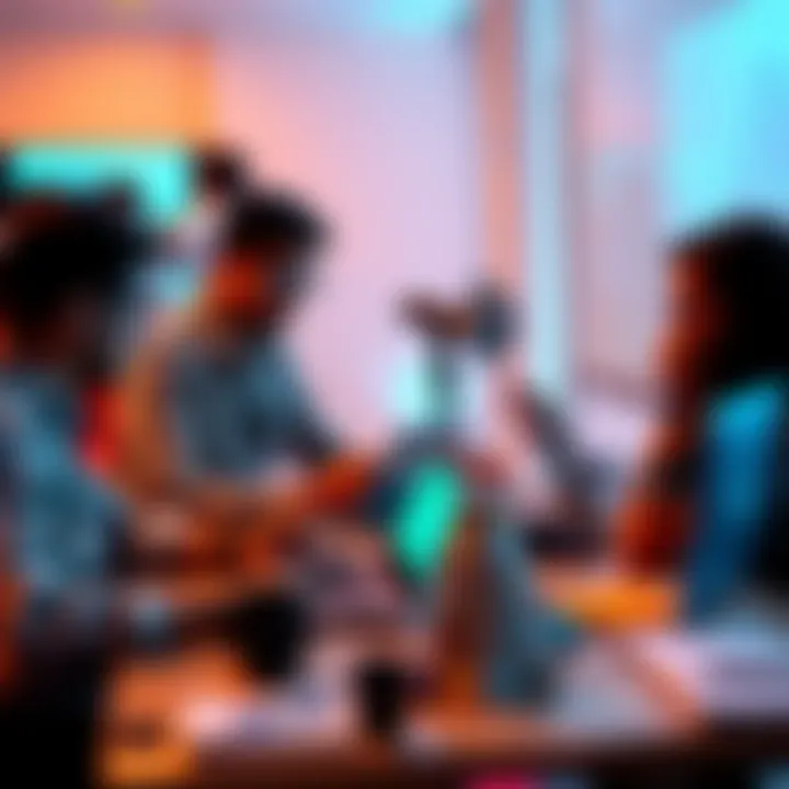 A group of developers working together at a hackathon, focused on coding and problem-solving with laptops and whiteboards.