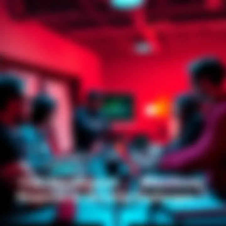 A group of developers discussing strategies at a tech meetup, surrounded by laptops and whiteboards.