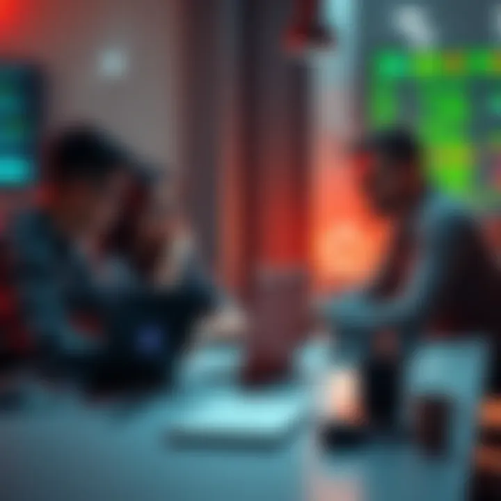 A group of developers working together at a table with laptops, discussing programming frameworks, and using tools.