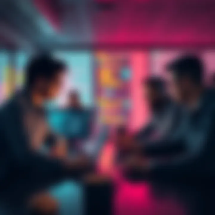 A group of developers discussing ideas for a crypto project, with laptops and code on screens