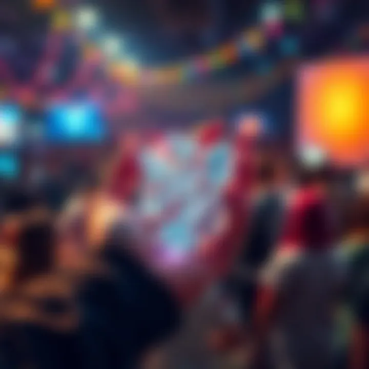 A hand holding sparkling diamonds with a background of a vibrant community event