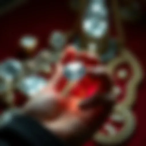 A hand holding a diamond representing the transition to cryptocurrency investing, with traditional diamond jewelry in the background.