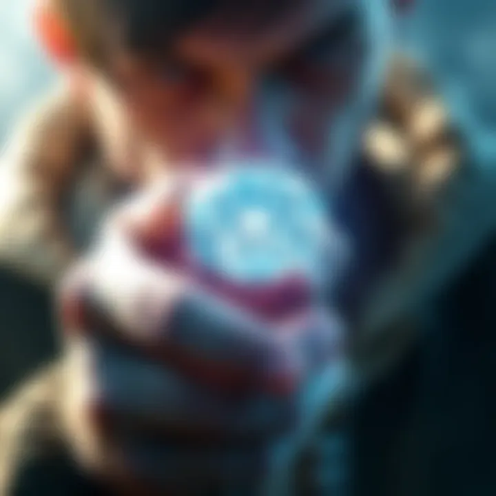 A determined figure gripping a sparkling diamond, symbolizing their mission to locate every diamond in the market.