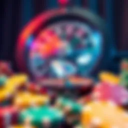 A diamond wheel surrounded by colorful gambling chips, illustrating the excitement and risk of gambling.