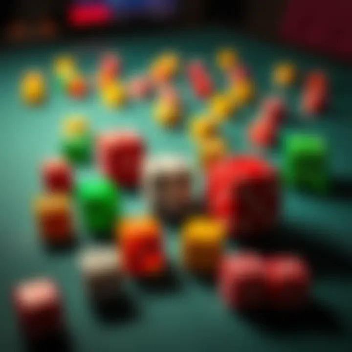 Colorful dice scattered on a table, symbolizing chance and risk taking in investments.