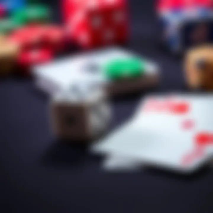 A close-up of a pair of dice and playing cards on a table, illustrating gambling and chance.