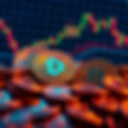 A visual representation of Digibyte coins with a backdrop of a digital market graph showing price trends.
