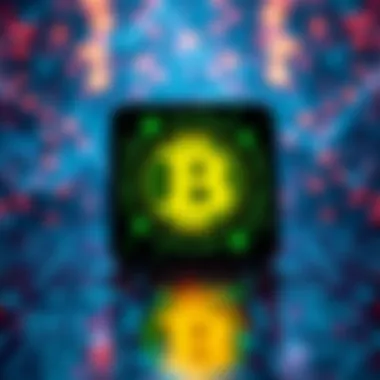 Digital art with a blockchain background A vibrant piece of digital art displayed against a backdrop of blockchain symbols, representing NFTs as investment options.