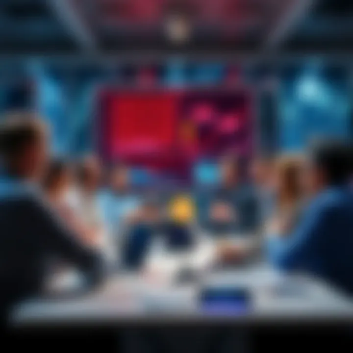 A group of finance professionals and technology innovators gathered around a table discussing digital currency trends, with charts and laptops in front of them.