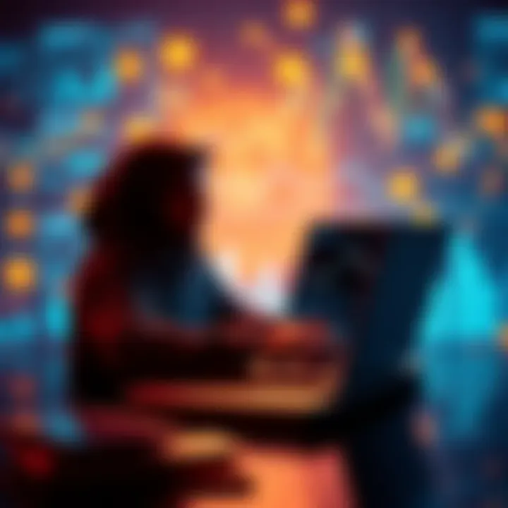 A person analyzing financial data on a laptop surrounded by digital currency symbols and charts