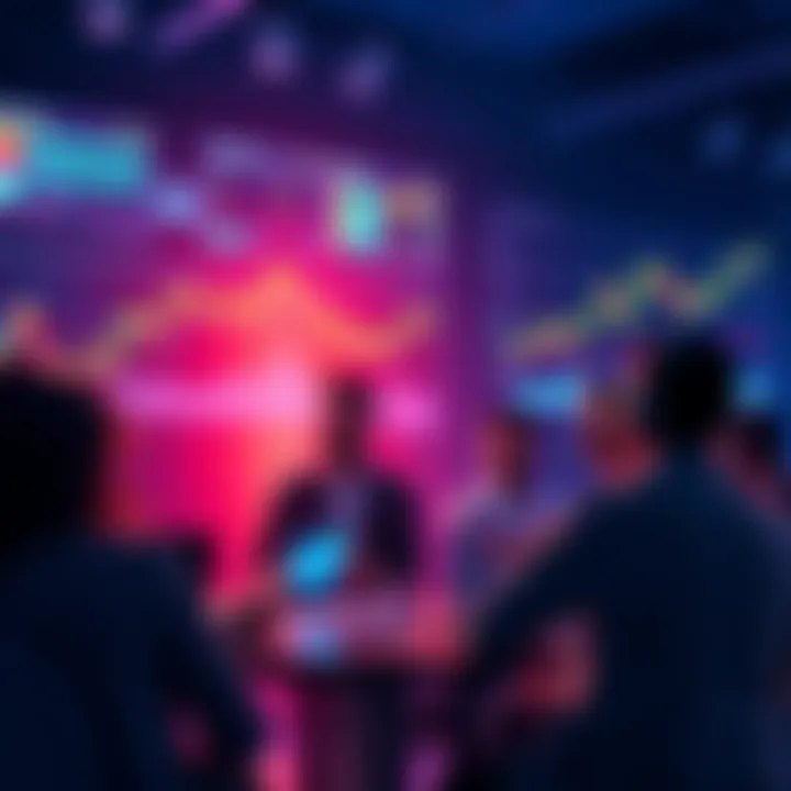 A group of people discussing strategies for trading digital assets, such as holding and selling, with charts and graphs in the background.