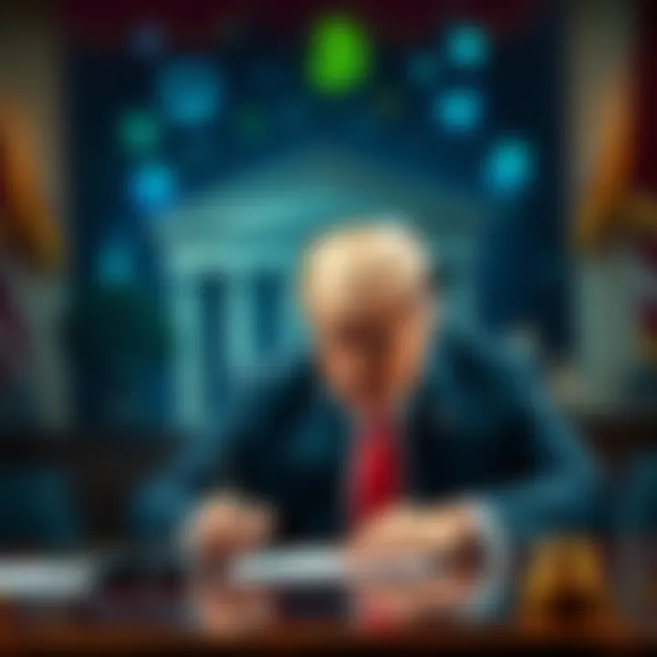 President Trump signing an executive order to integrate digital assets like cryptocurrencies into traditional finance with banking symbols in the background.