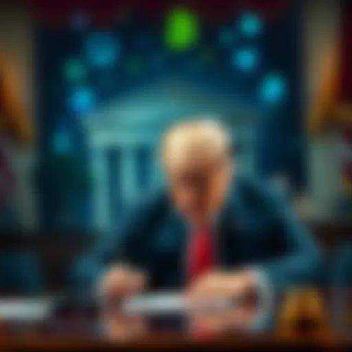 Digital Assets in Traditional Finance President Trump signing an executive order to integrate digital assets like cryptocurrencies into traditional finance with banking symbols in the background.