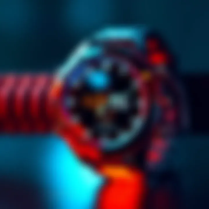 Digital Bitcoin Wristwatch A digital wristwatch displaying Bitcoin information like block height and countdown timer in a sleek design.