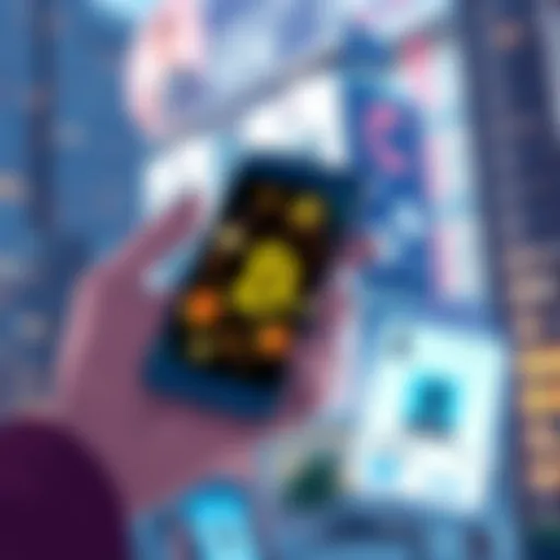 Illustration showing a person holding a smartphone displaying digital currency symbols, with a backdrop of modern city buildings and a digital ID card.