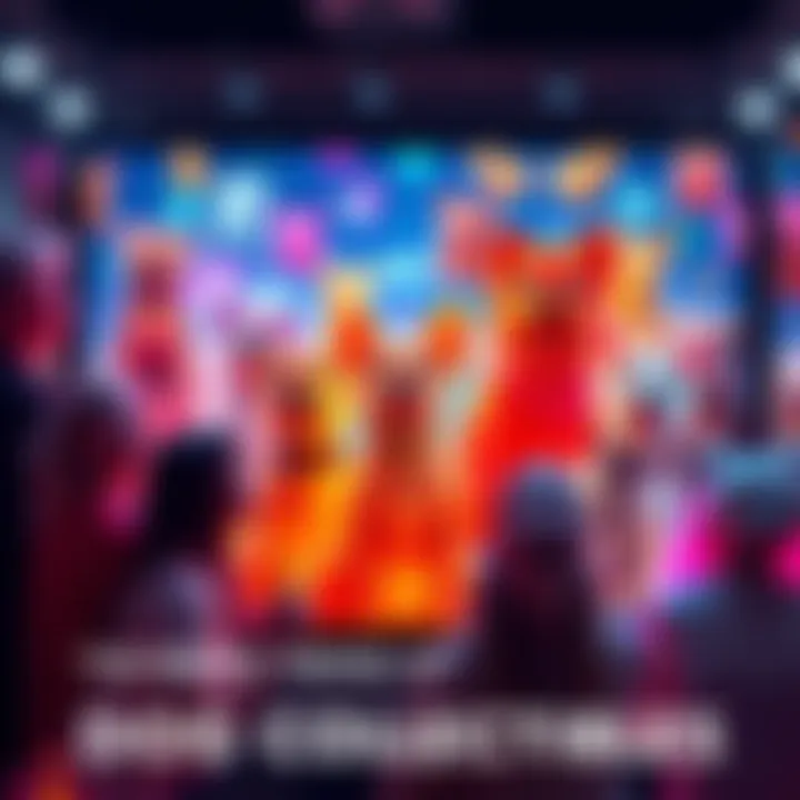 A collection of vibrant digital dog-themed NFTs displayed on a screen, surrounded by excited pet lovers