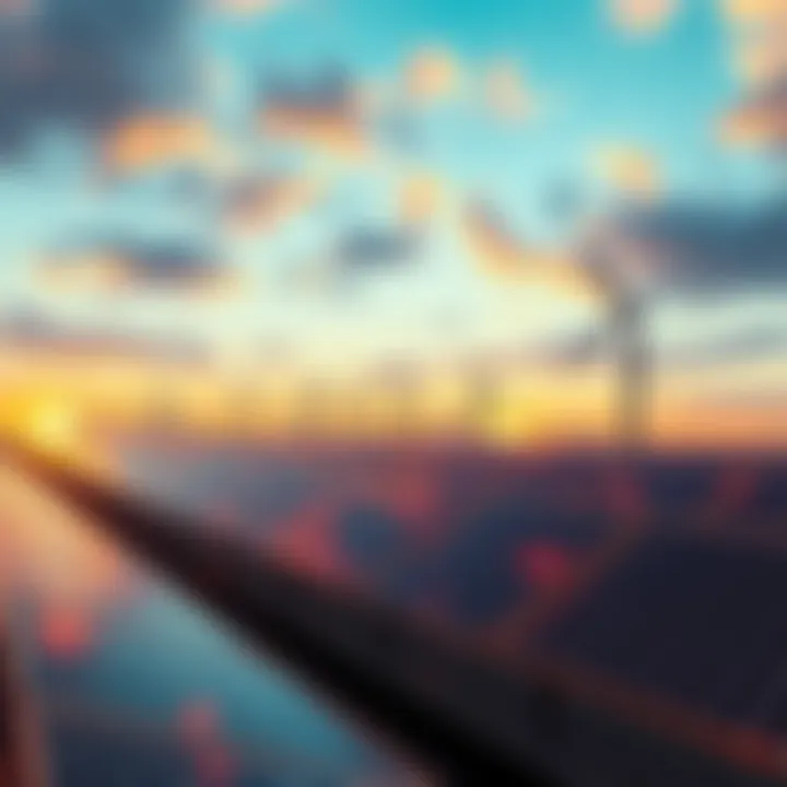 A futuristic skyline showcasing renewable energy technologies such as solar panels and wind turbines with digital interfaces overlaying the scene.