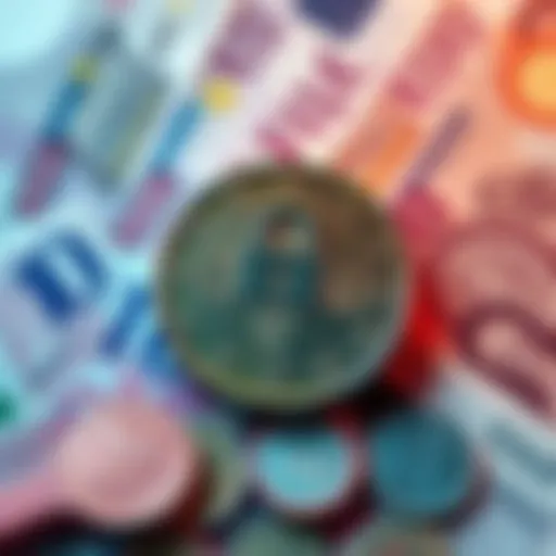 A digital euro coin with a lock symbol, representing financial control and autonomy, against a backdrop of traditional banknotes and coins.