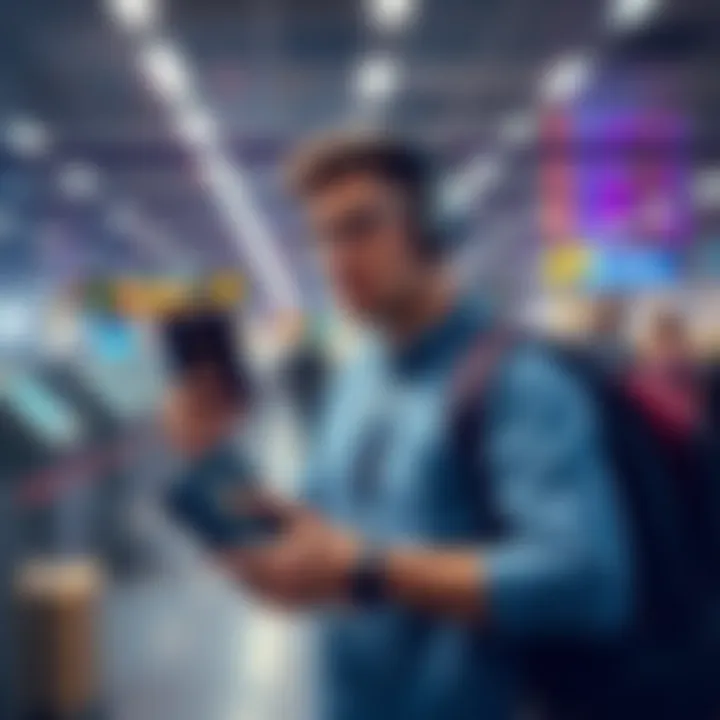 A digital nomad at an airport security checkpoint, holding a hardware wallet and passport while preparing for TSA inspection