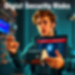 A person looking worried while holding a hardware wallet and a laptop with warning signs on the screen, illustrating the risks of digital asset storage.