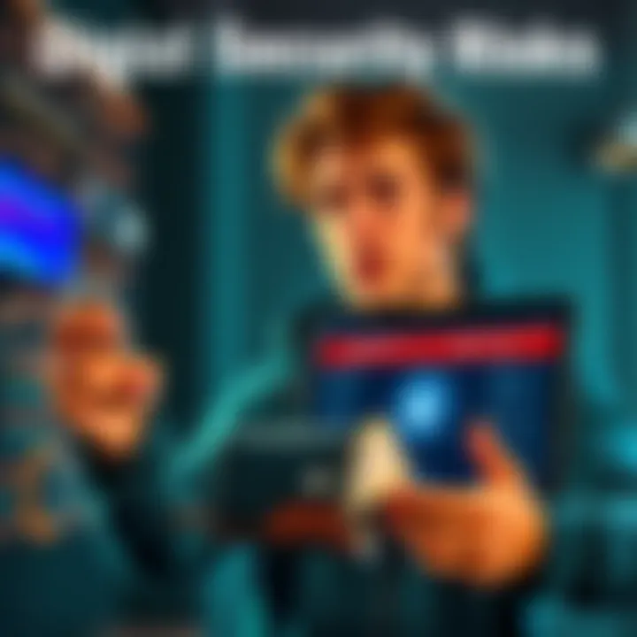A person looking worried while holding a hardware wallet and a laptop with warning signs on the screen, illustrating the risks of digital asset storage.