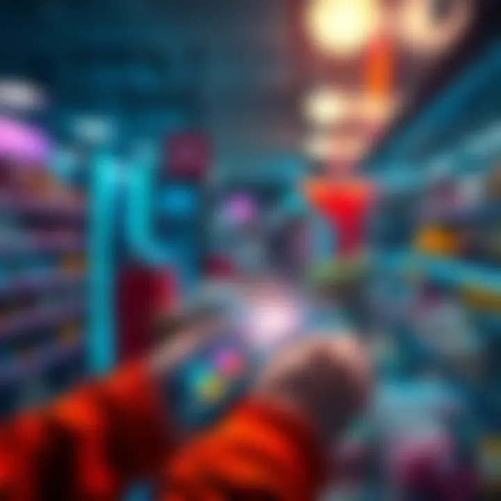 Digital Transaction Concepts A person using a smartphone to make a digital payment at a store with various financial icons around.