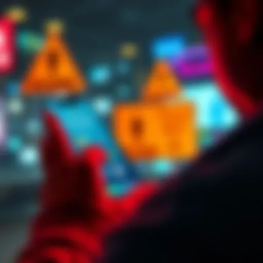 A person looking at a smartphone displaying a digital wallet app with warning signs about scams in the background.