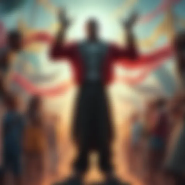 A confident figure named Dimeous stands tall, inspiring people in a vibrant community setting. He radiates positivity and looks ready to make a difference.