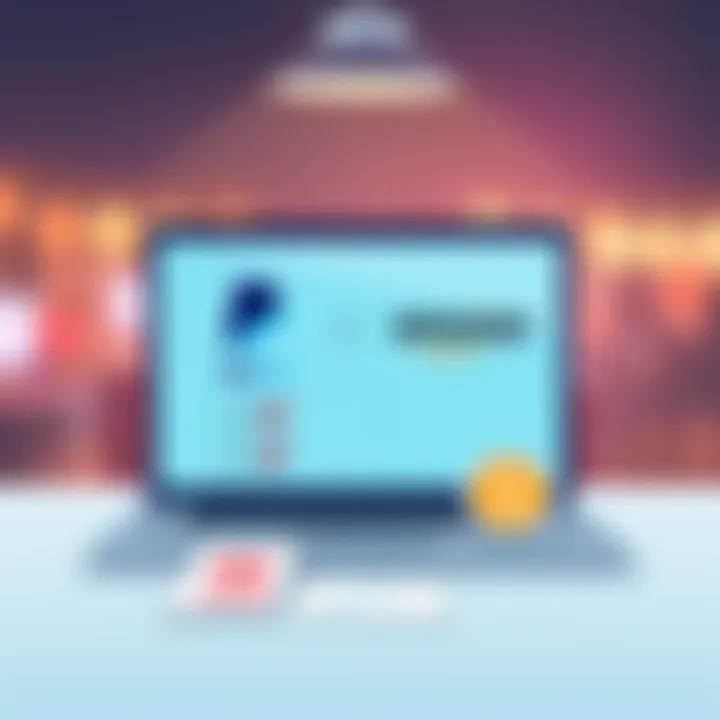 A simple graphic showing a laptop with PayPal and Amazon logos, along with a checklist for direct debit setup and a 90€ reward icon