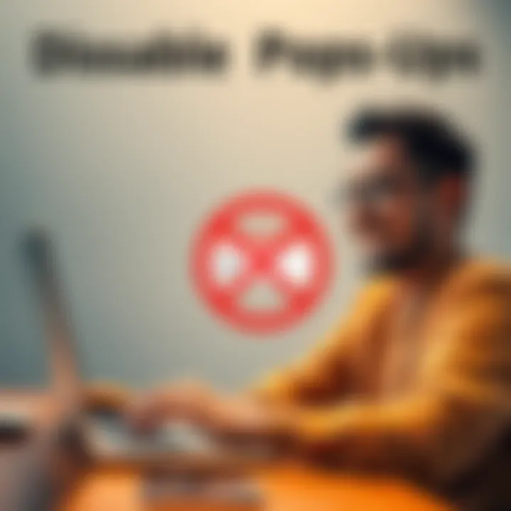 A person looking relieved while using a laptop, with a pop-up warning sign crossed out on the screen