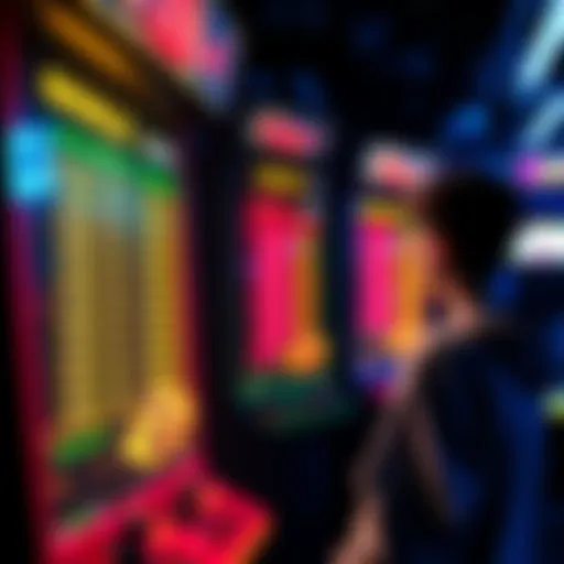 An arcade screen showing faded goal lists with a frustrated gamer looking at it