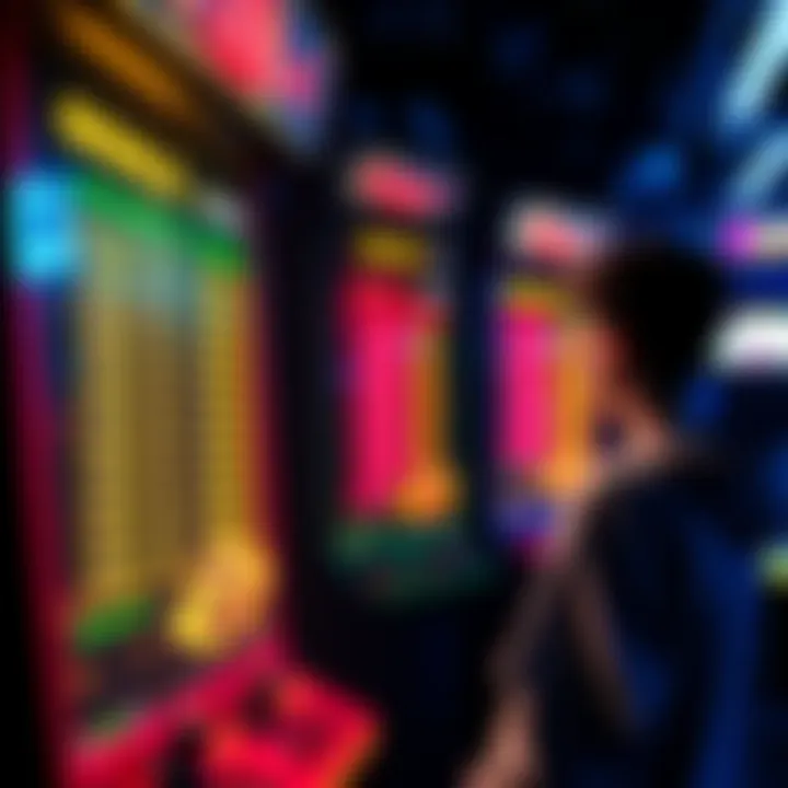 An arcade screen showing faded goal lists with a frustrated gamer looking at it